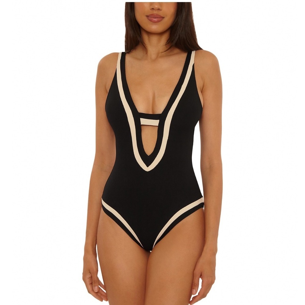 BECCA by Rebecca Virtue Coast Line Rib Genevieve Plunge One Piece Swimsuit M